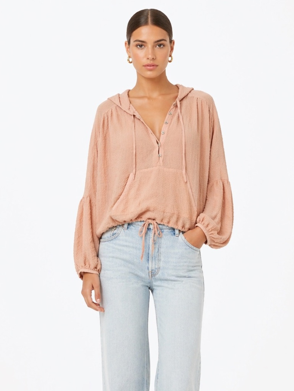 Anthropologie silence + Noise Textured Blush Hoodie Top Small Pullover Waffle